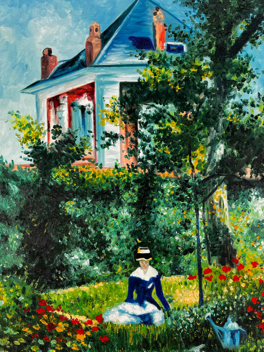 Vrouw in de Tuin (naar Édouard Manet) – Handgeschilderde Impressionistische Olie op Doek (60 × 80 cm)