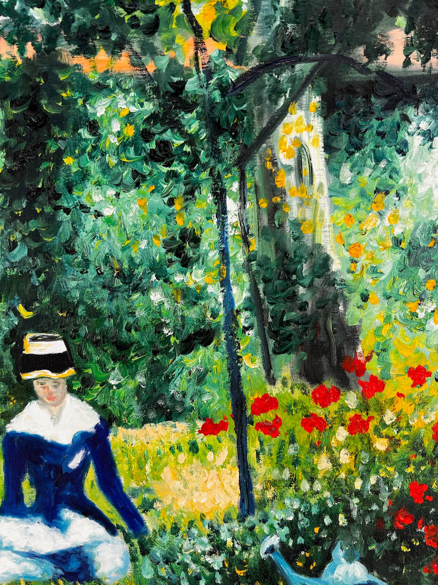 Vrouw in de Tuin (naar Édouard Manet) – Handgeschilderde Impressionistische Olie op Doek (60 × 80 cm)