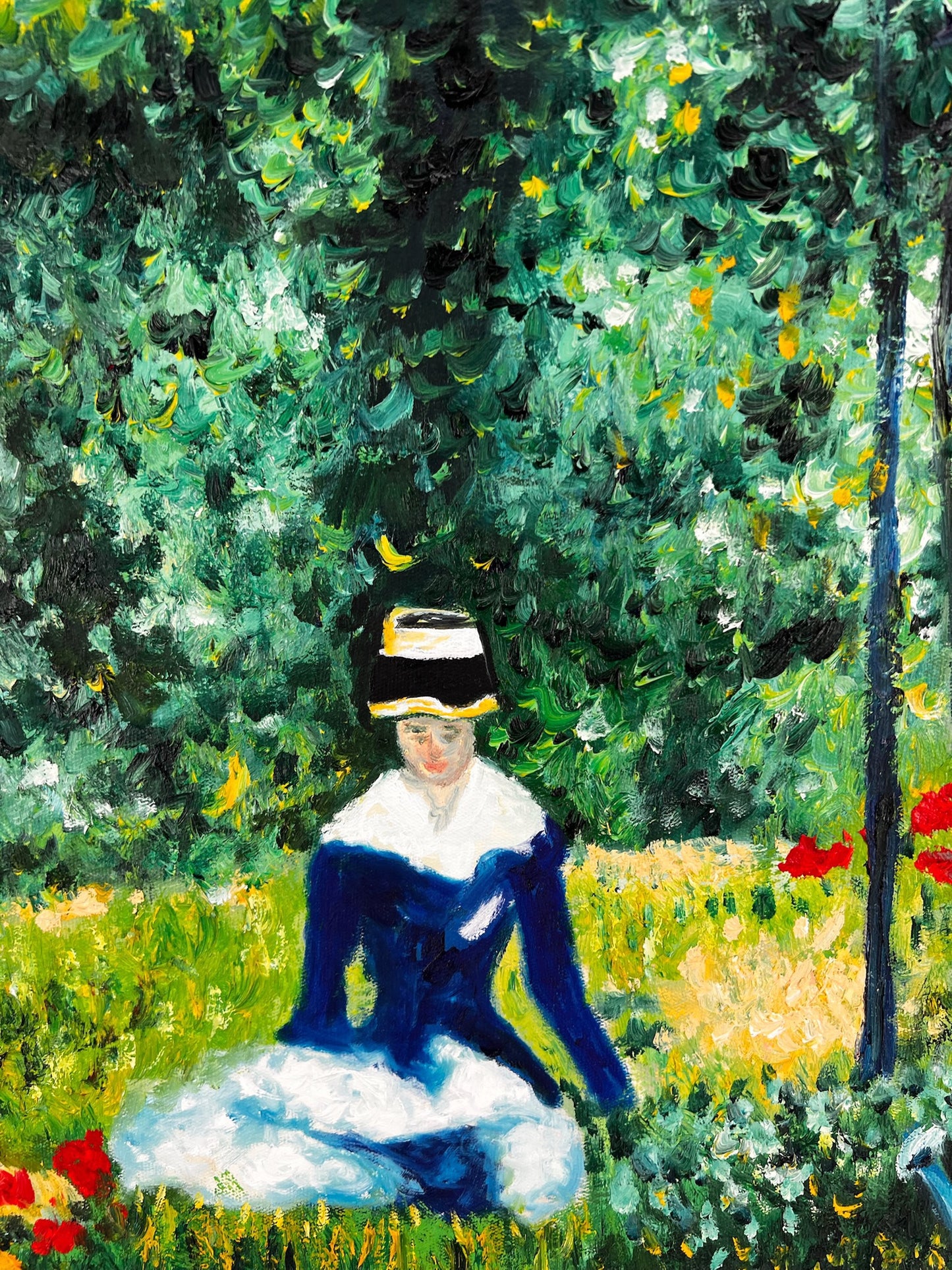 Vrouw in de Tuin (naar Édouard Manet) – Handgeschilderde Impressionistische Olie op Doek (60 × 80 cm)