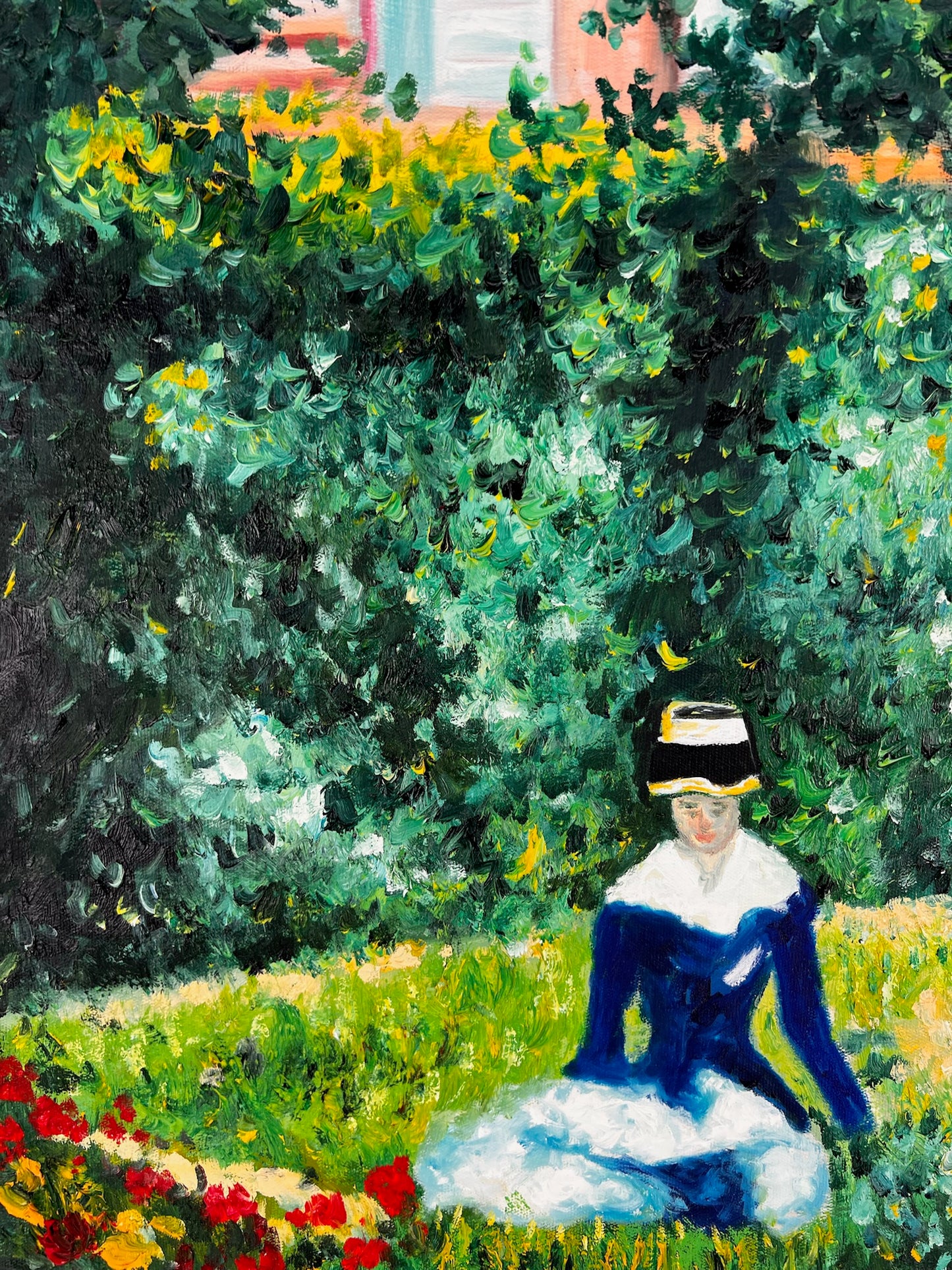 Vrouw in de Tuin (naar Édouard Manet) – Handgeschilderde Impressionistische Olie op Doek (60 × 80 cm)