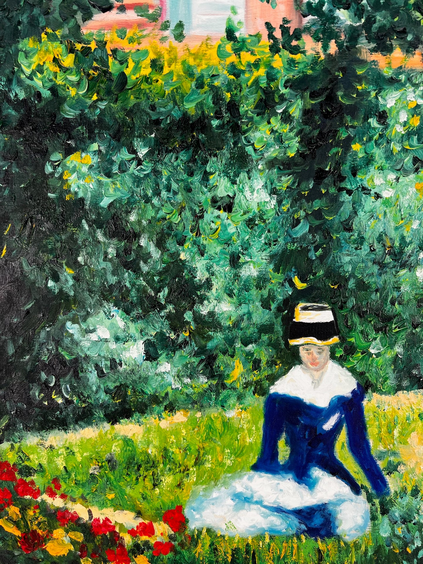 Vrouw in de Tuin (naar Édouard Manet) – Handgeschilderde Impressionistische Olie op Doek (60 × 80 cm)